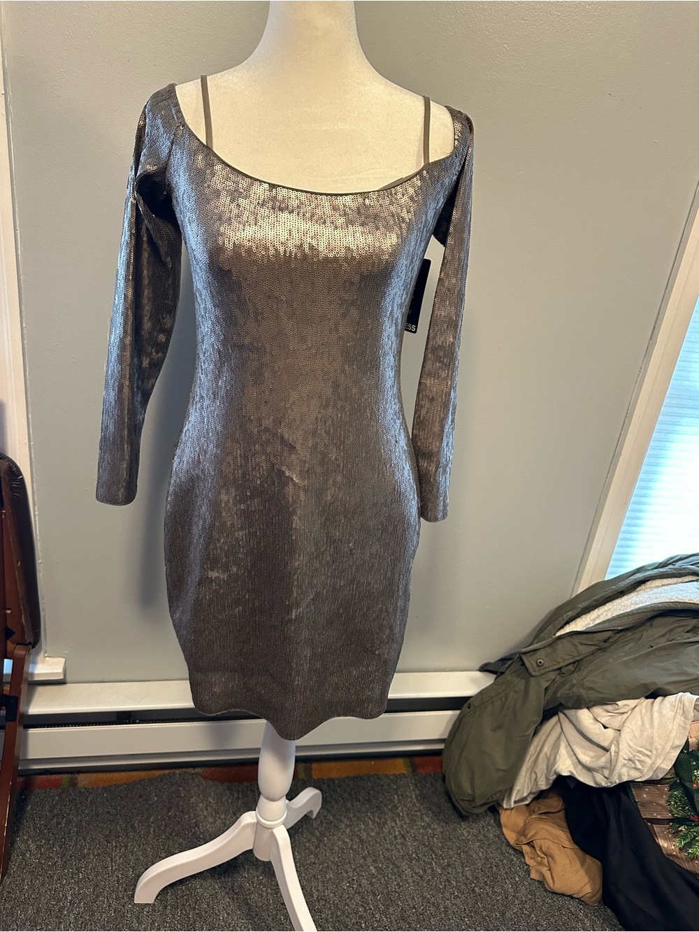 Express Metallic Gunmetal Long-Sleeve Bodycon Dress